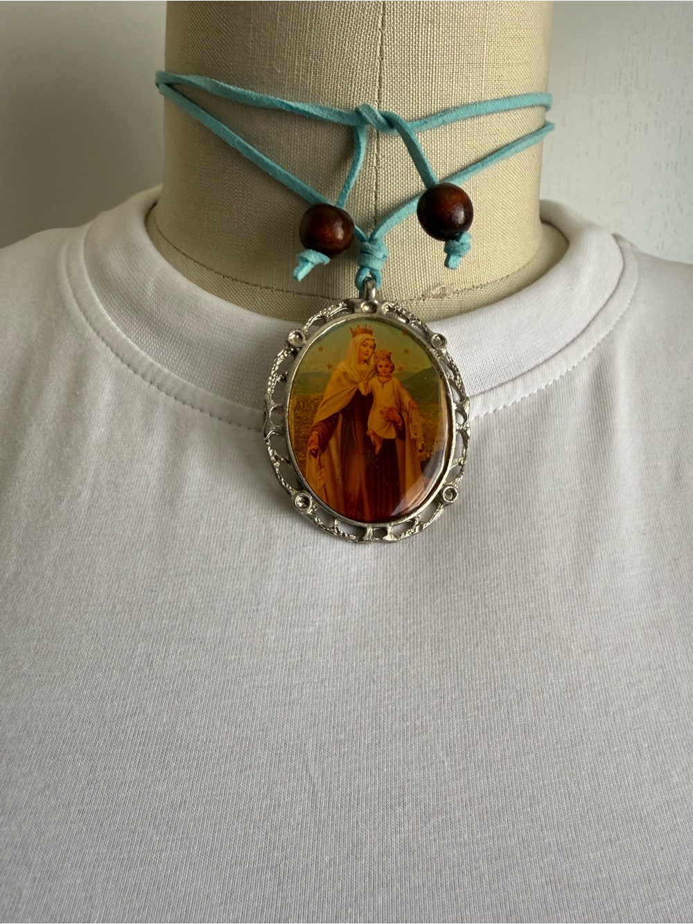 Handcrafted Turquoise Cord Religious Pendant Necklace - Virgin Mary Medallion